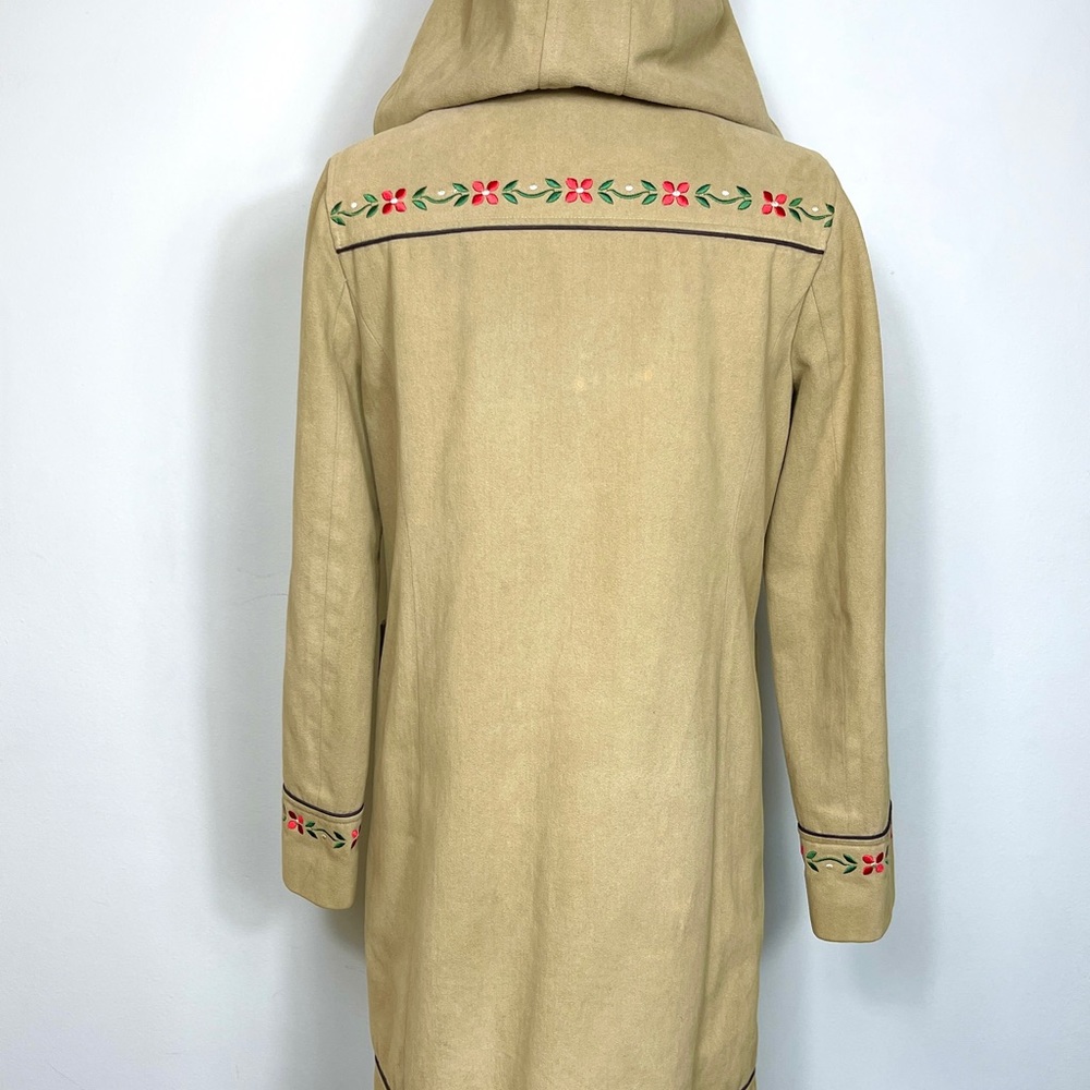 Vintage 1990s Floral Embroidered Camel Colored Coat with Hoodie Size Small - Picture 5 of 12